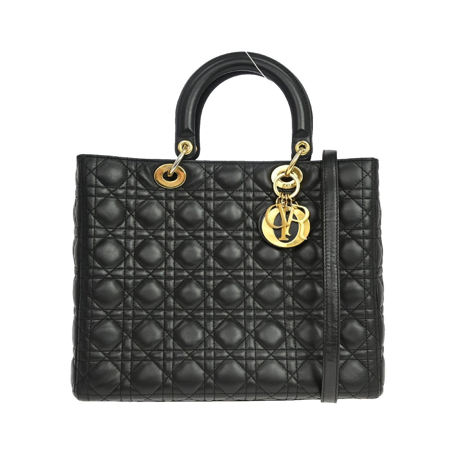 Christian Dior Lady Dior Cannage Quilt Lambskin, Black, Leather, Handbag