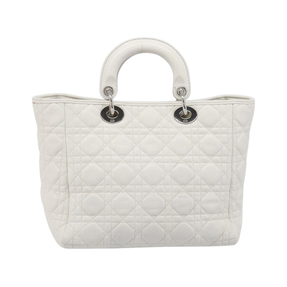 Christian Dior Lady Dior Cannage Quilt Lambskin, White, Leather, Handbag