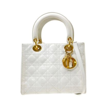 Christian Dior Lady Dior Cannage Quilt Patent, White, Patent Leather, Handbag