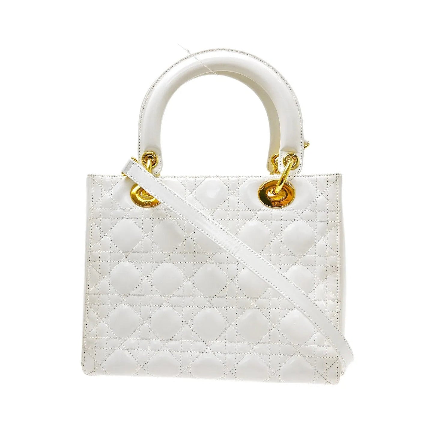 Christian Dior Lady Dior Cannage Quilt Patent, White, Patent Leather, Handbag
