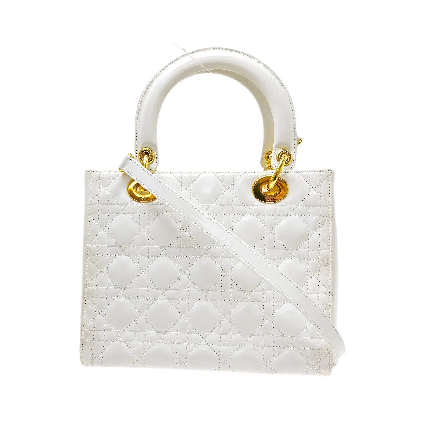 Christian Dior Lady Dior Cannage Quilt Patent, White, Patent Leather, Handbag