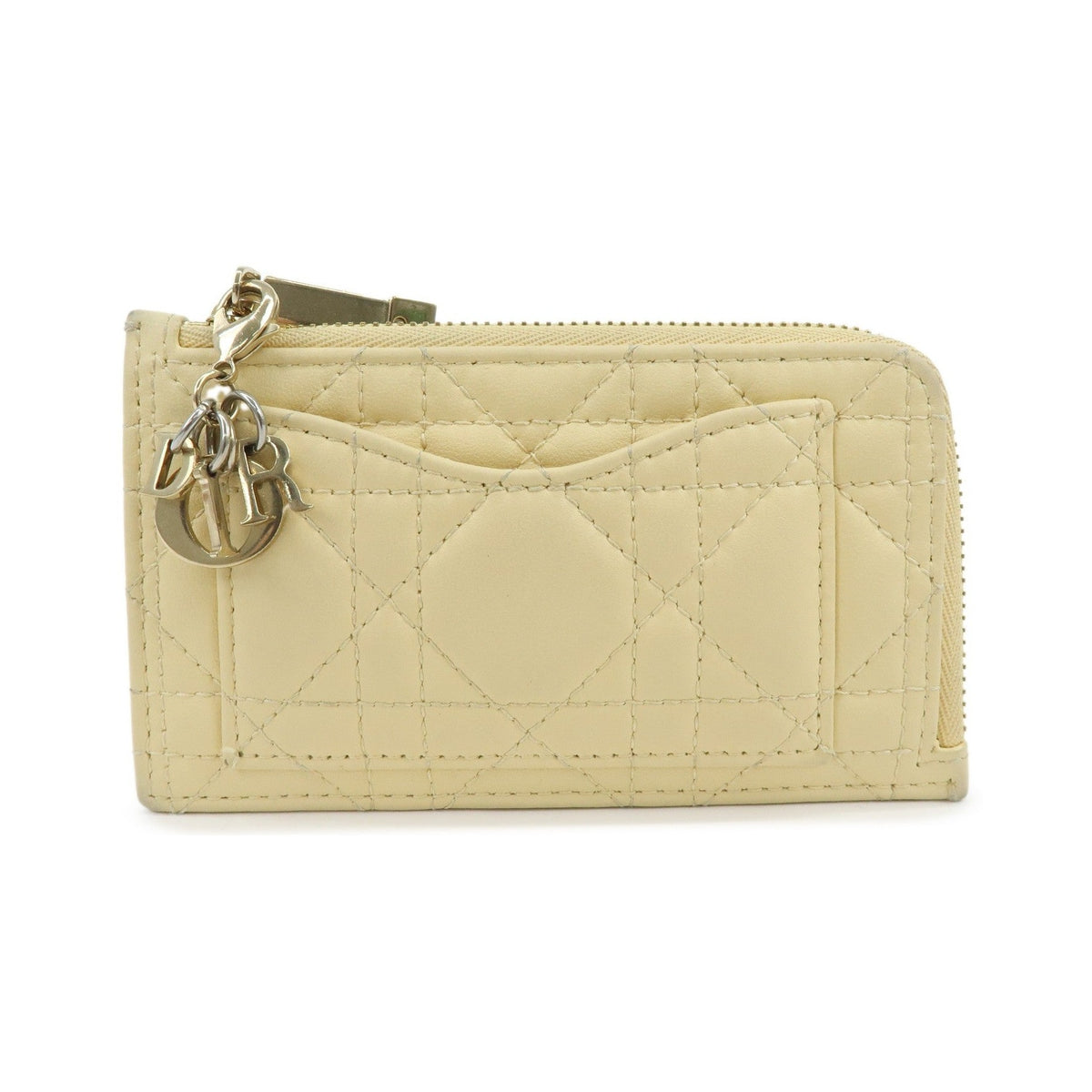 Christian Dior Lady Dior Card Holder Cannage Quilt Patent, Yellow, Leather, Card Holder