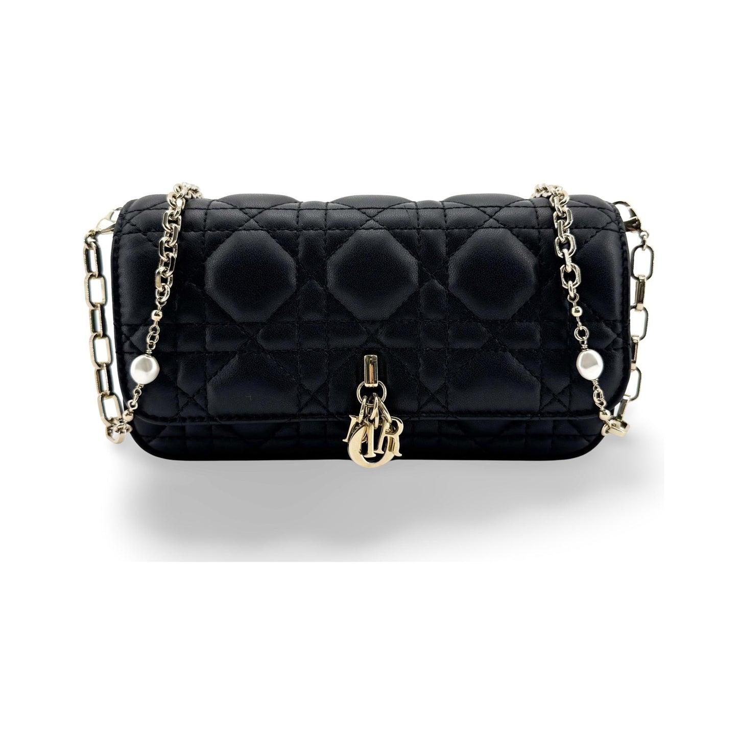 Christian Dior Lady Dior Chain Phone Cannage Quilt Lambskin, Black, Leather, Clutch