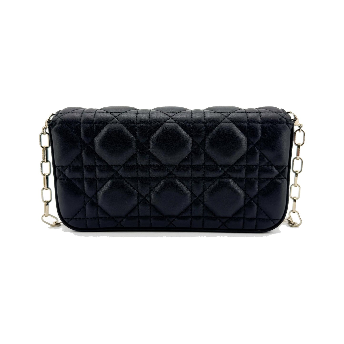 Christian Dior Lady Dior Chain Phone Cannage Quilt Lambskin, Black, Leather, Clutch