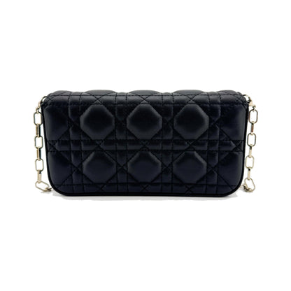 Christian Dior Lady Dior Chain Phone Cannage Quilt Lambskin, Black, Leather, Clutch
