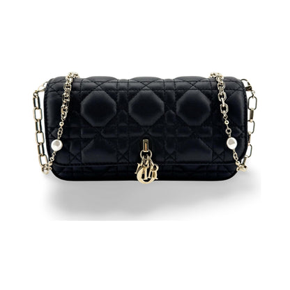 Christian Dior Lady Dior Chain Phone Cannage Quilt Lambskin, Black, Leather, Clutch