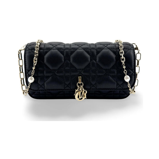 Christian Dior Lady Dior Chain Phone Cannage Quilt Lambskin, Black, Leather, Clutch