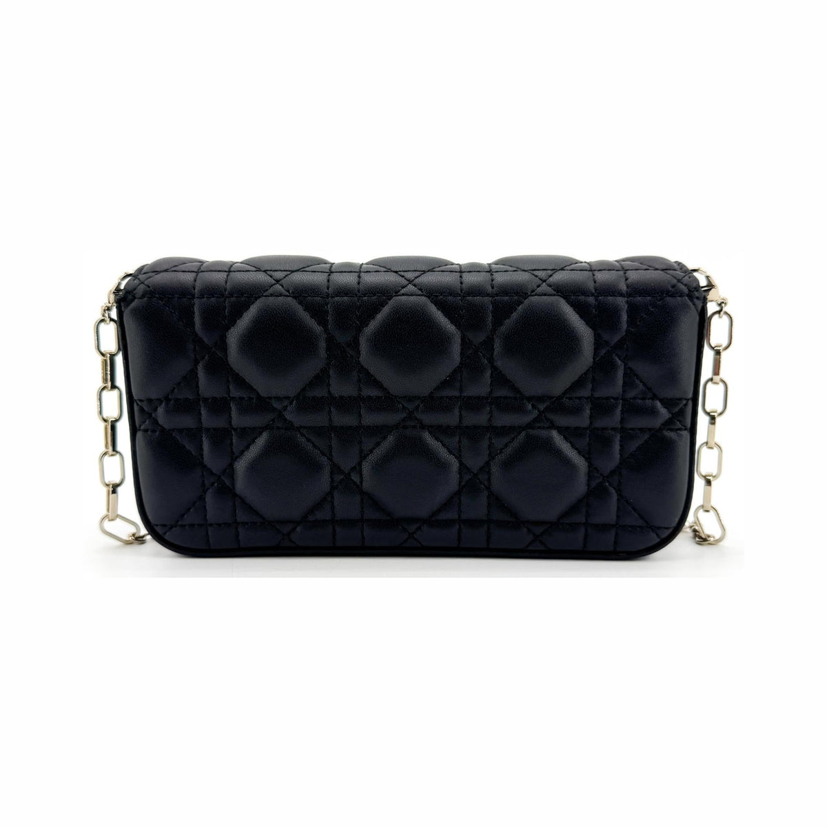 Christian Dior Lady Dior Chain Phone Cannage Quilt Lambskin, Black, Leather, Clutch