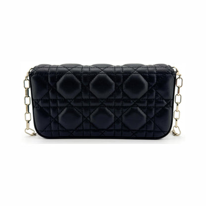 Christian Dior Lady Dior Chain Phone Cannage Quilt Lambskin, Black, Leather, Clutch