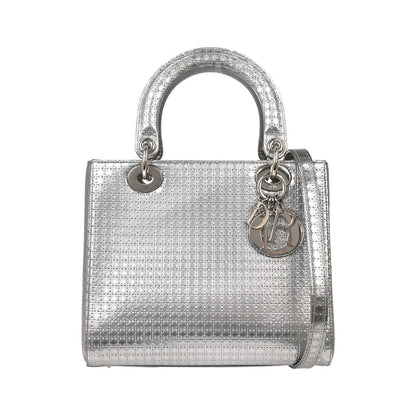 Christian Dior Lady Dior Micro Cannage Metallic Calfskin, Silver, Calfskin, Handbag