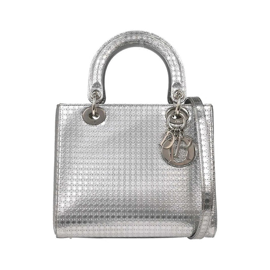 Christian Dior Lady Dior Micro Cannage Metallic Calfskin, Silver, Calfskin, Handbag