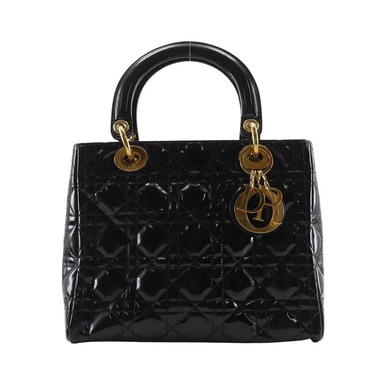 Christian Dior Lady Dior NM Cannage Quilt Patent, Black, Patent Leather, Tote Bag