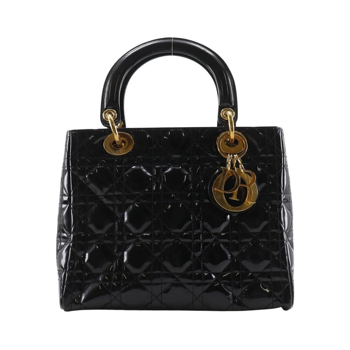 Christian Dior Lady Dior NM Cannage Quilt Patent, Black, Patent Leather, Tote Bag