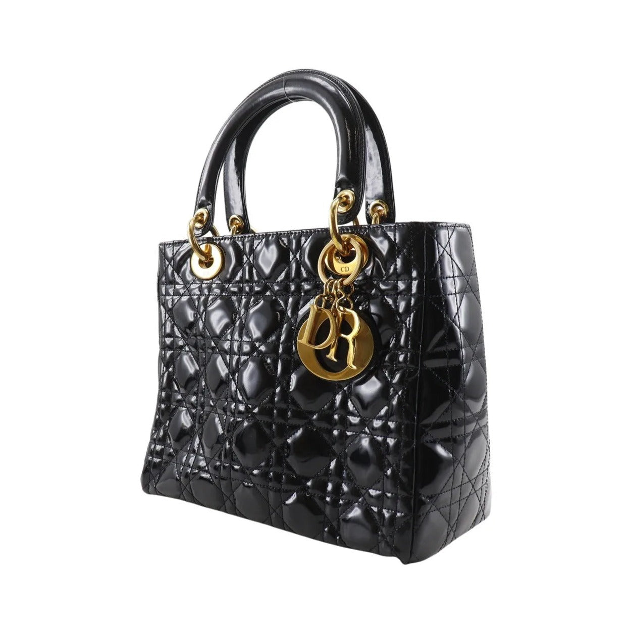 Christian Dior Lady Dior NM Cannage Quilt Patent, Black, Patent Leather, Tote Bag