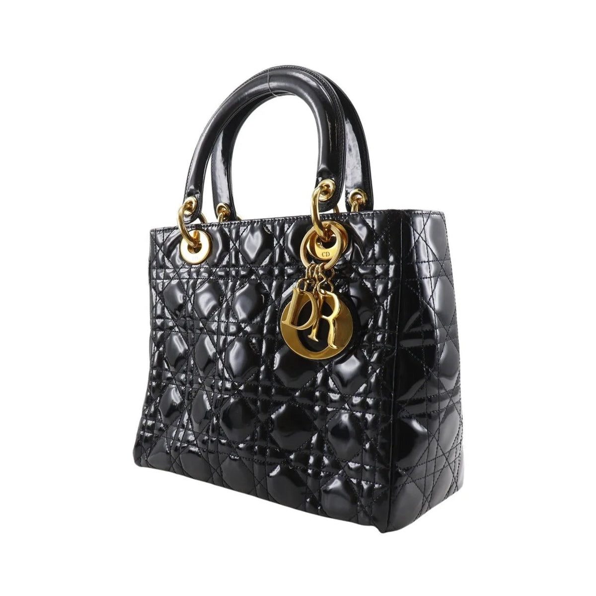Christian Dior Lady Dior NM Cannage Quilt Patent, Black, Patent Leather, Tote Bag