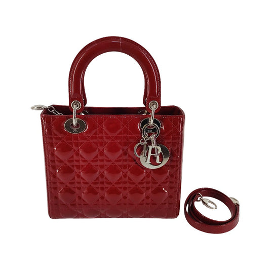 Christian Dior Lady Dior Patent, Red, Patent Leather, Handbag