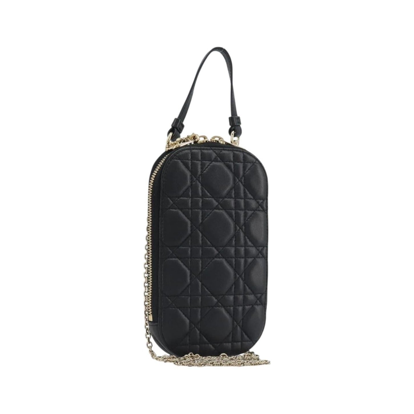Christian Dior Lady Dior Phone Holder on Chain Cannage Quilt Lambskin, Black, Leather, Shoulder Bag
