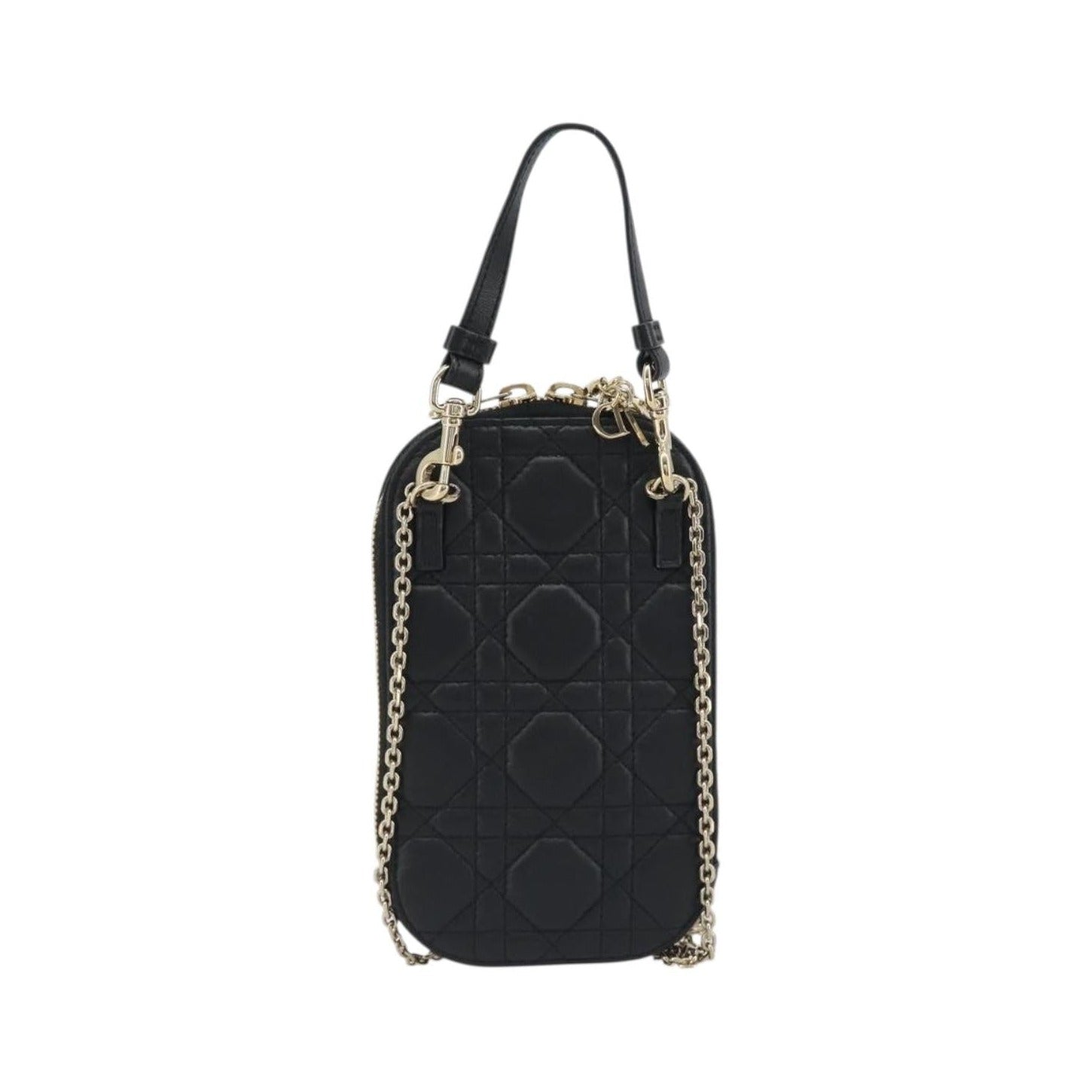 Christian Dior Lady Dior Phone Holder on Chain Cannage Quilt Lambskin, Black, Leather, Shoulder Bag