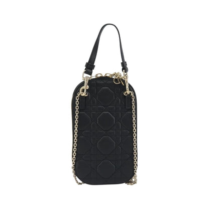 Christian Dior Lady Dior Phone Holder on Chain Cannage Quilt Lambskin, Black, Leather, Shoulder Bag