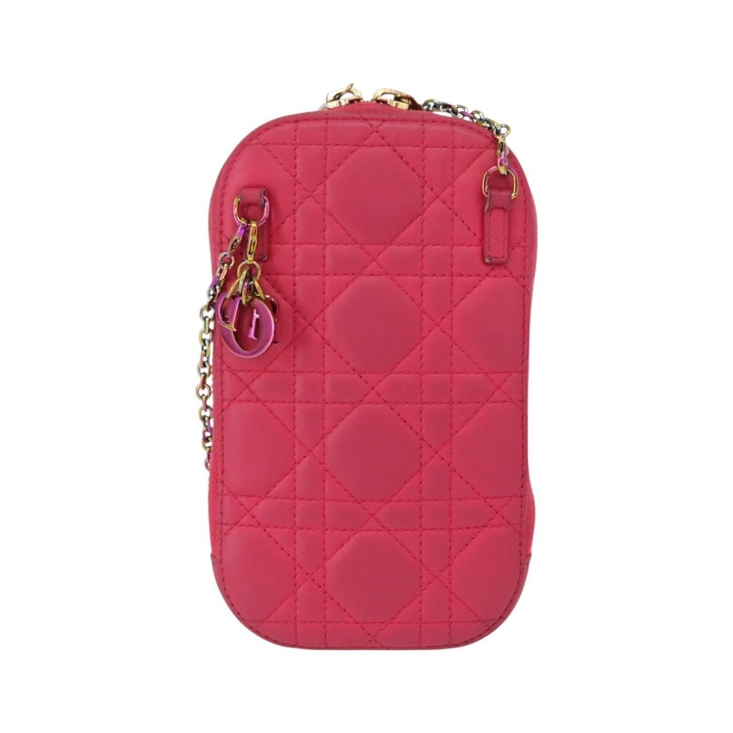 Christian Dior Lady Dior Phone Holder on Chain Cannage Quilt Lambskin, Pink, Leather, Clutch