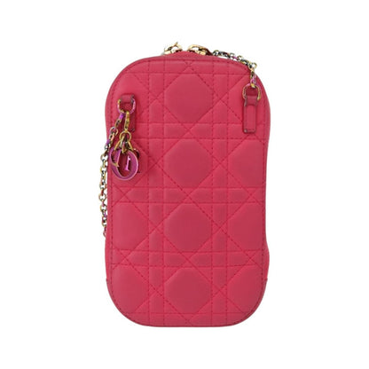 Christian Dior Lady Dior Phone Holder on Chain Cannage Quilt Lambskin, Pink, Leather, Clutch