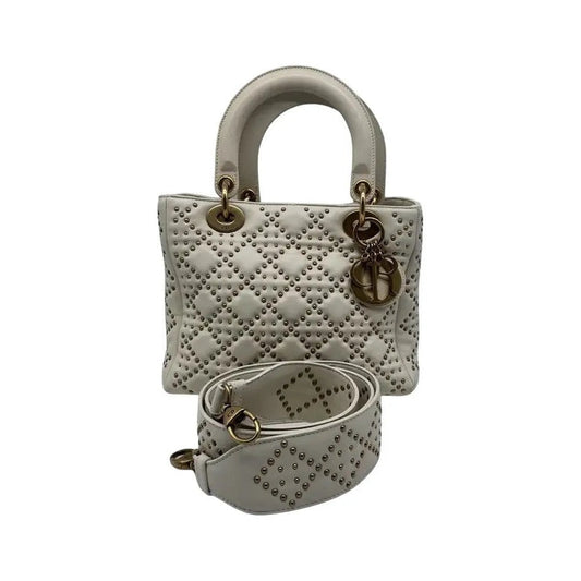 Christian Dior Lady Dior Studded Studded Cannage, White, Calfskin, Crossbody Bag