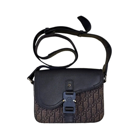 Christian Dior Saddle Flap Messenger Oblique Canvas and Leather, Blue, Canvas, Shoulder Bag