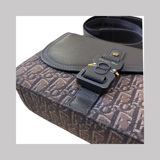 Christian Dior Saddle Flap Messenger Oblique Canvas and Leather, Blue, Canvas, Shoulder Bag
