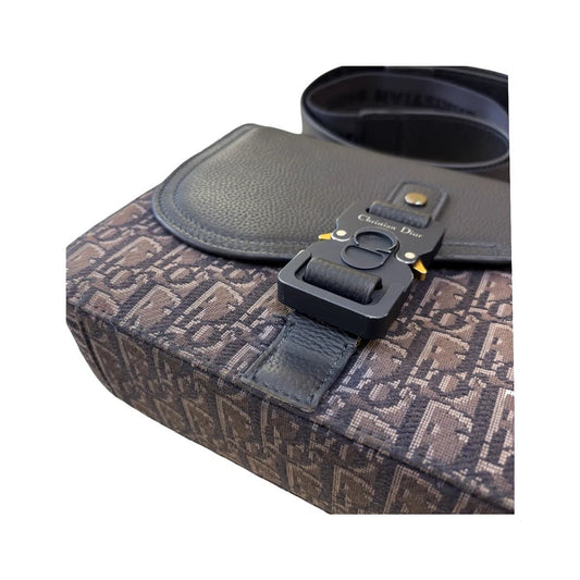 Christian Dior Saddle Flap Messenger Oblique Canvas and Leather, Blue, Canvas, Shoulder Bag