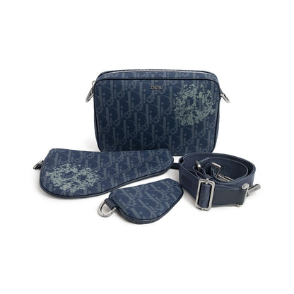 Christian Dior Saddle Triple Zip Leather, Black, Canvas, Crossbody Bag