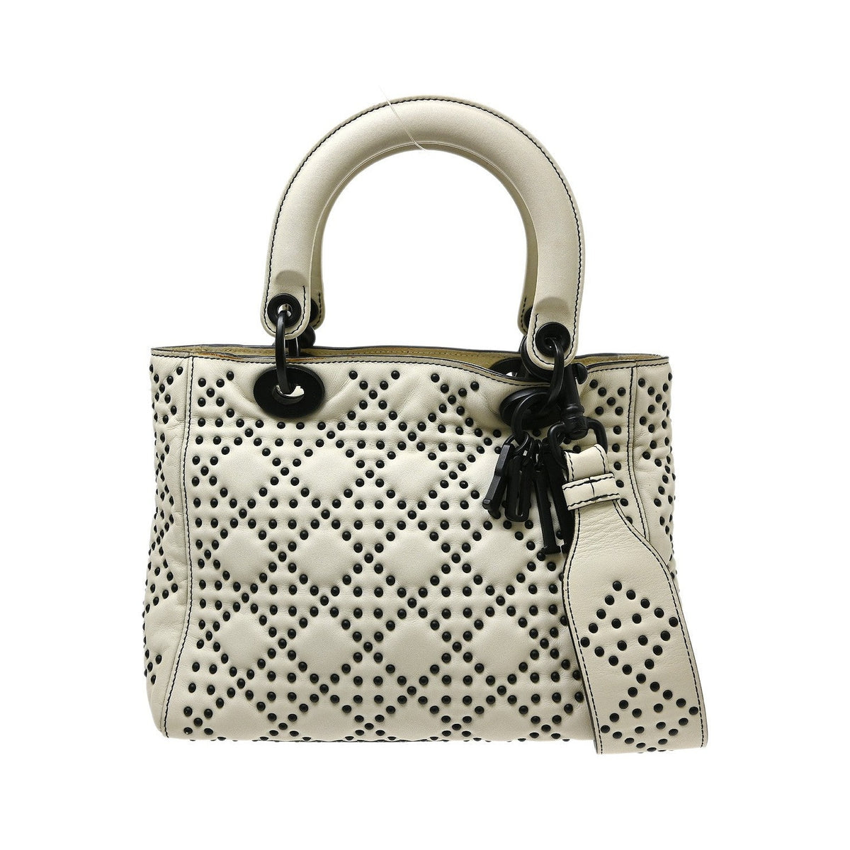Christian Dior Supple Lady Dior Cannage Studded Lambskin, White, Leather, Handbag