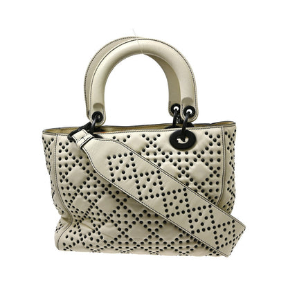 Christian Dior Supple Lady Dior Cannage Studded Lambskin, White, Leather, Handbag