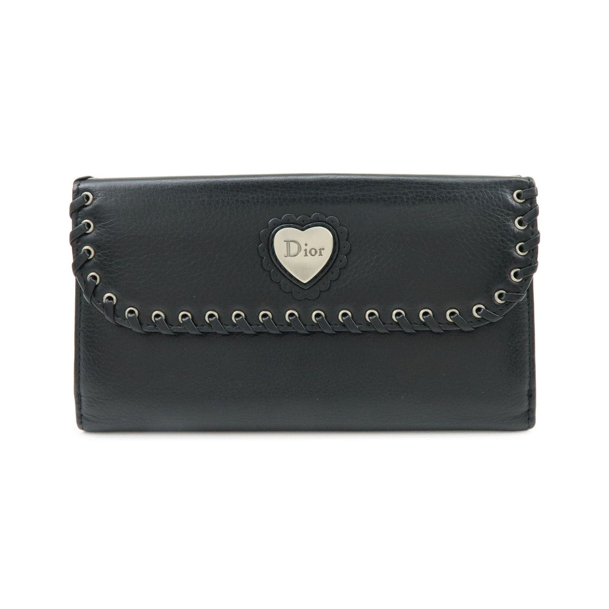 Christian Dior Trotter / Heart Motif Wallet Leather, Black, Leather, Wallet