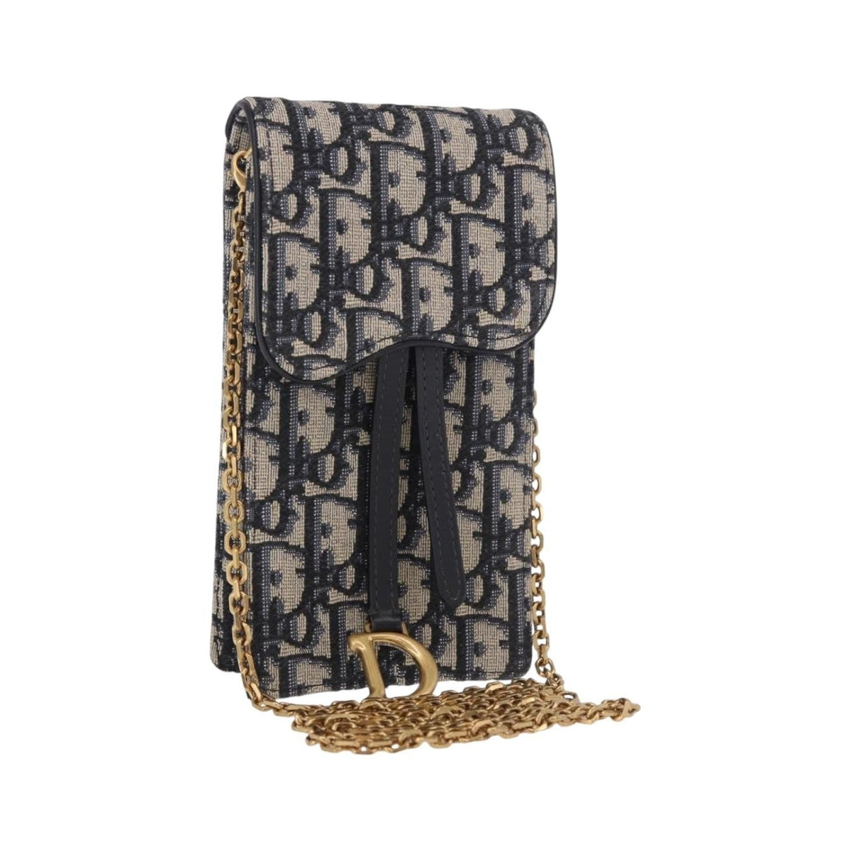 Christian Dior Vertical Saddle Chain Oblique Canvas, Navy, Canvas, Clutch