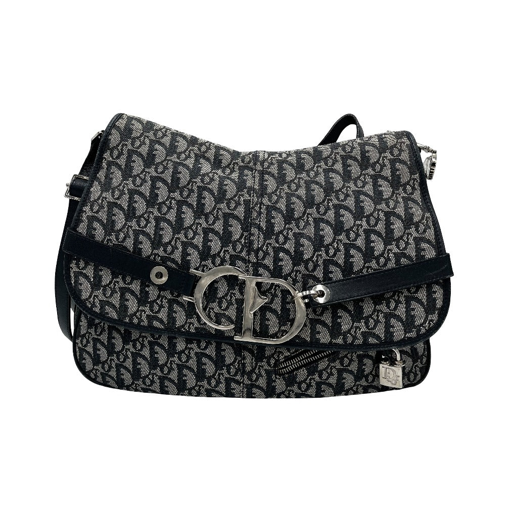 Christian Dior Vintage CD Flap Messenger Diorissimo Canvas, Navy, Canvas, Shoulder Bag
