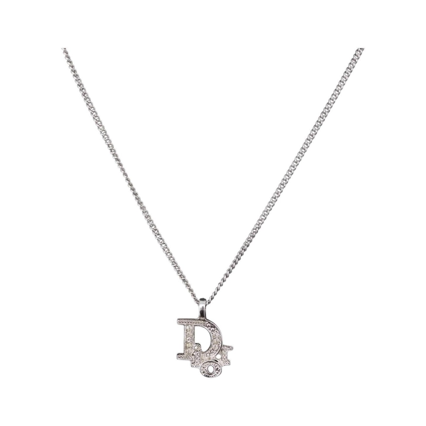 Christian Dior Vintage Dior Logo Metal and Crystal, Silver, Metal, Necklace