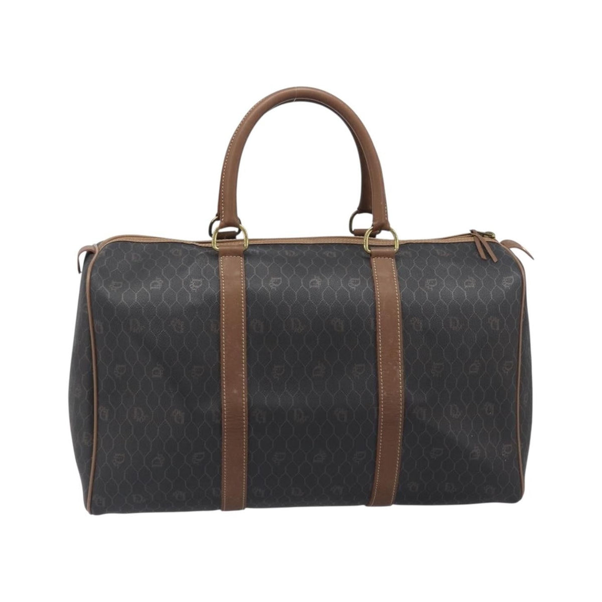 Christian Dior Vintage Honeycomb Boston Canvas and Leather, Black, Canvas, Travel Bag