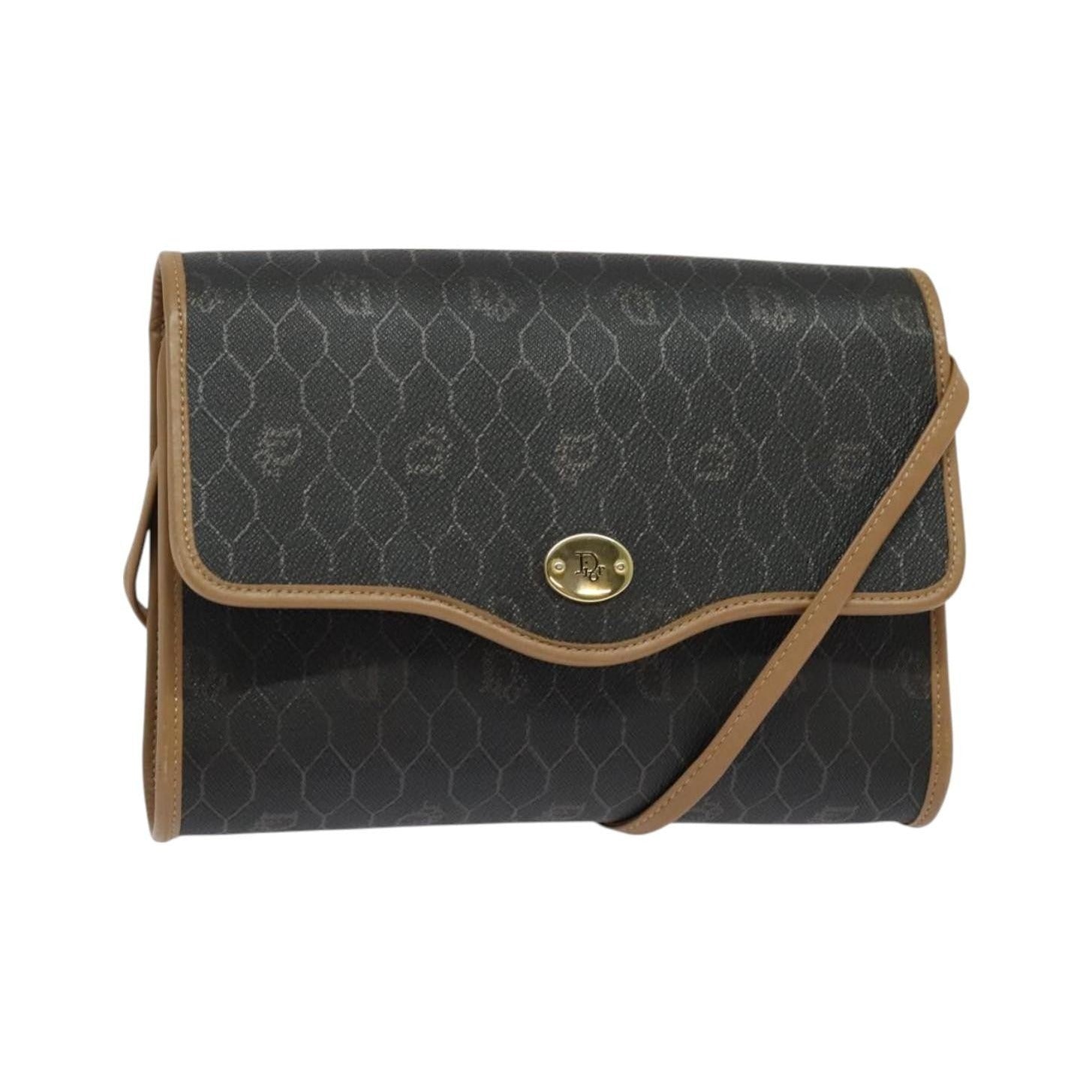 Christian Dior Vintage Honeycomb Flap Coated Canvas, Black, Canvas, Shoulder Bag