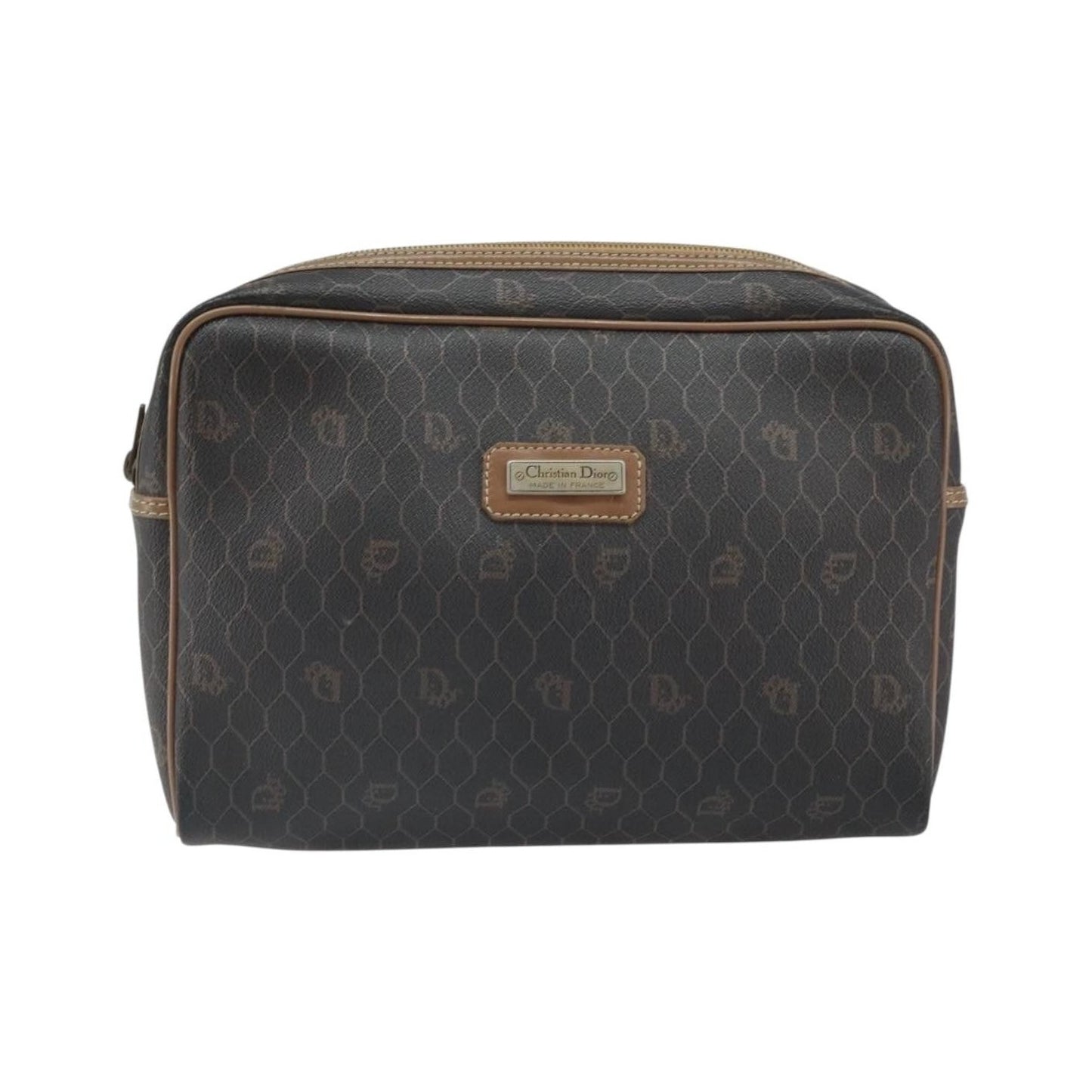 Christian Dior Vintage Honeycomb Zip Canvas and Leather, Black, Canvas, Clutch