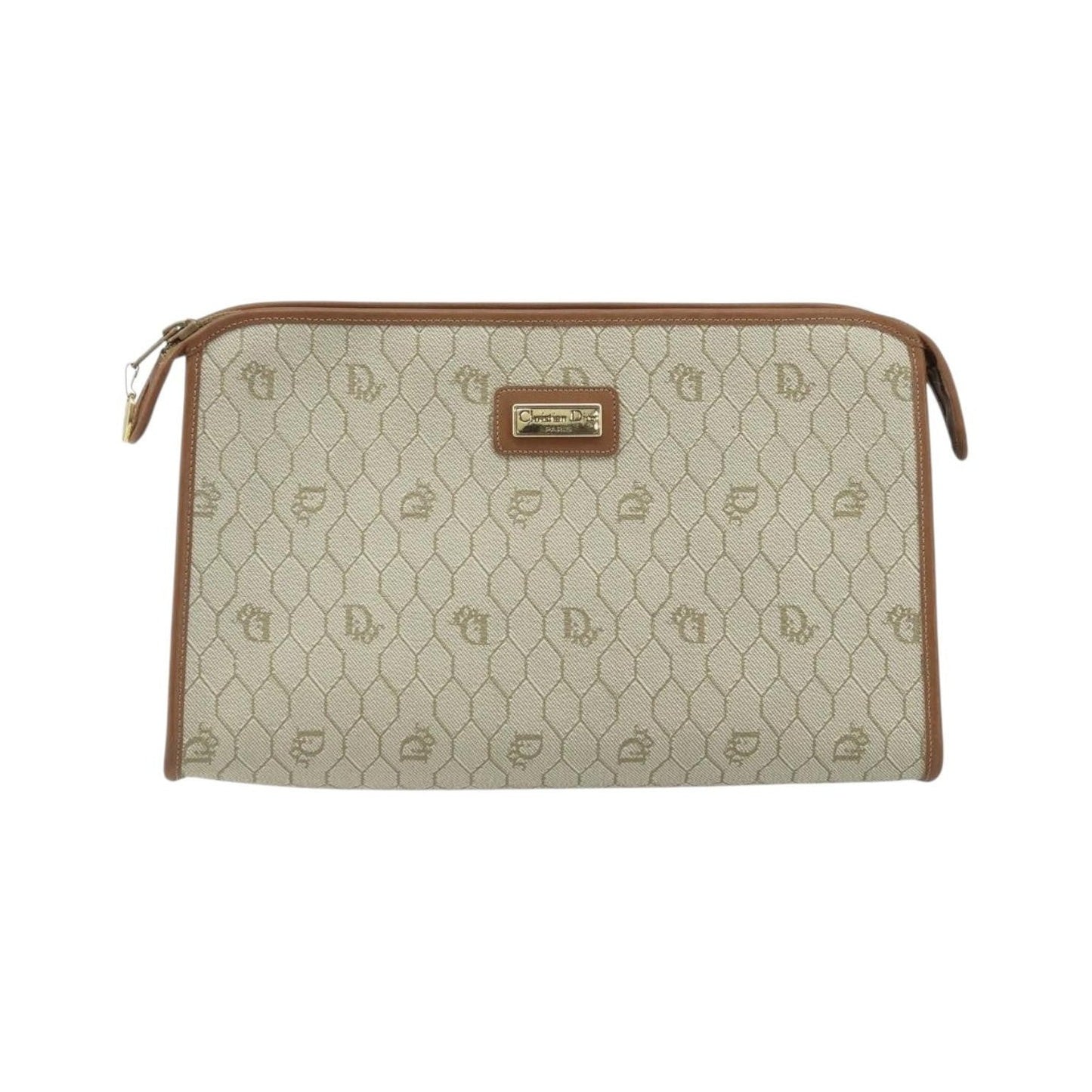 Christian Dior Vintage Honeycomb Zip Canvas and Leather, Beige, Canvas, Clutch