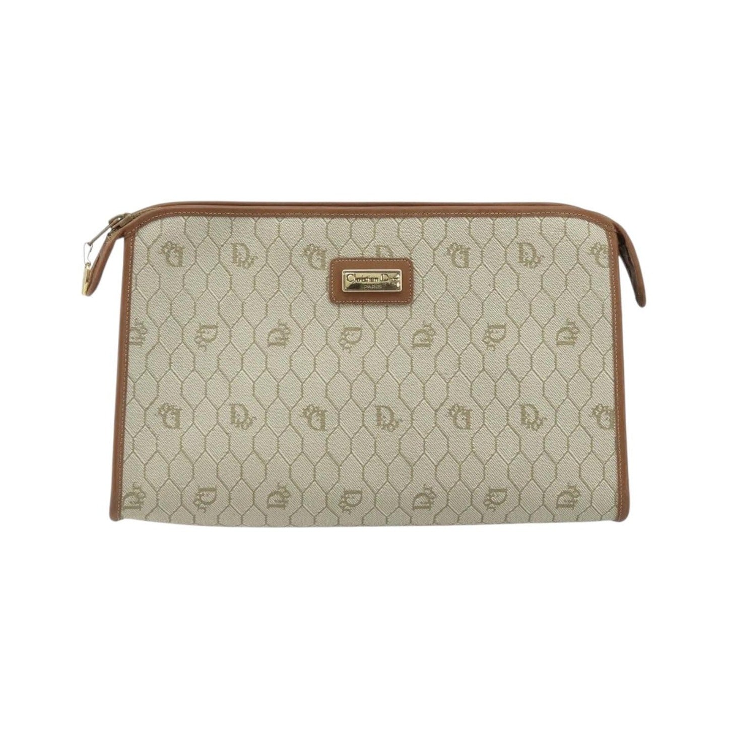 Christian Dior Vintage Honeycomb Zip Canvas and Leather, Beige, Canvas, Clutch