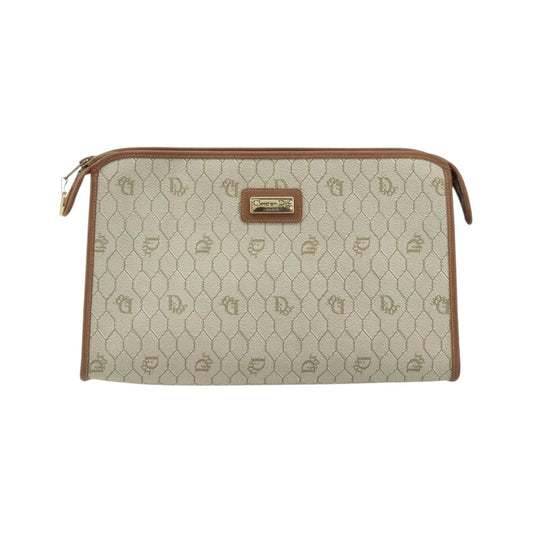 Christian Dior Vintage Honeycomb Zip Canvas and Leather, Beige, Canvas, Clutch