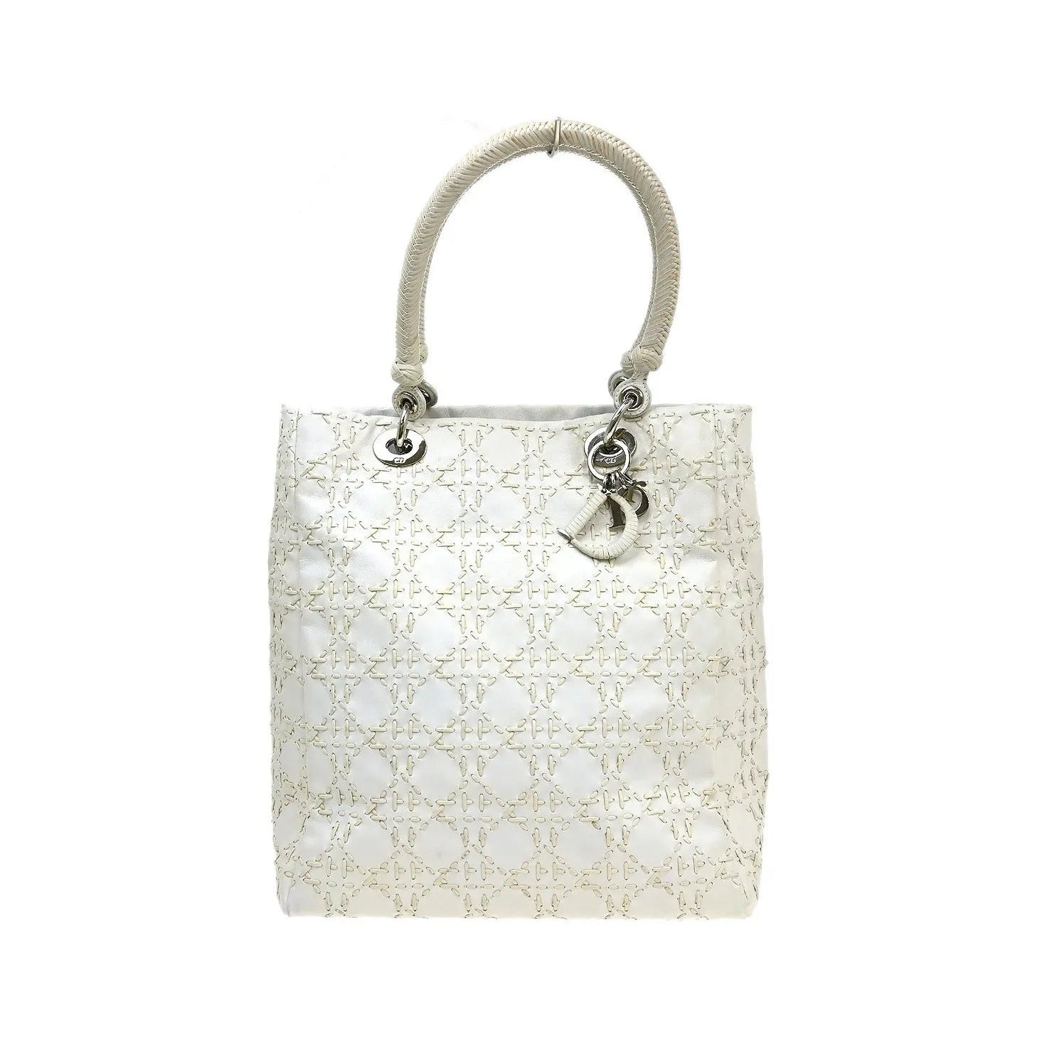 Christian Dior Vintage Lady Dior Cannage Quilt Lambskin, White, Leather, Handbag