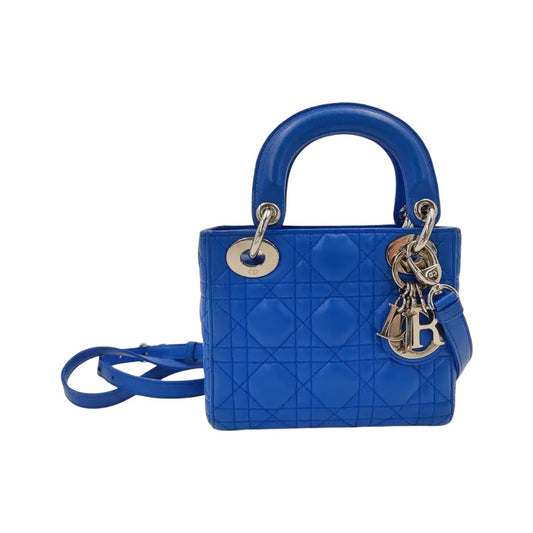 Christian Dior Vintage Lady Dior Cannage Quilt Lambskin, Blue, Leather, Handbag