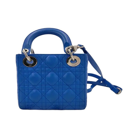 Christian Dior Vintage Lady Dior Cannage Quilt Lambskin, Blue, Leather, Handbag