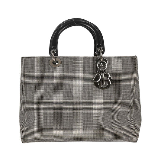 Christian Dior Vintage Lady Dior Houndstooth Canvas, Black, Canvas, Handbag
