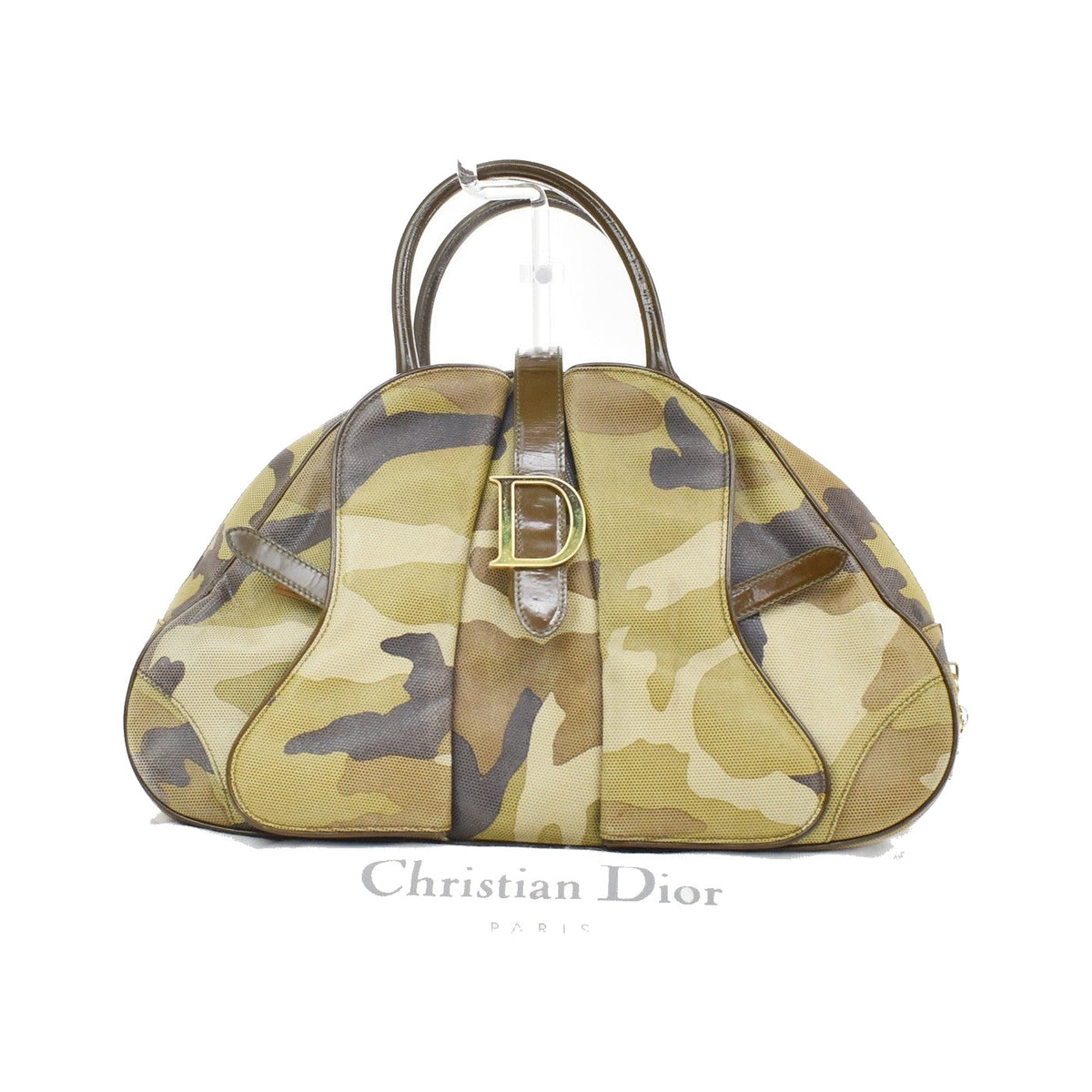 Christian Dior Vintage Saddle Bowler Camouflage Printed Pixelated Leather, Khaki, Canvas, Handbag