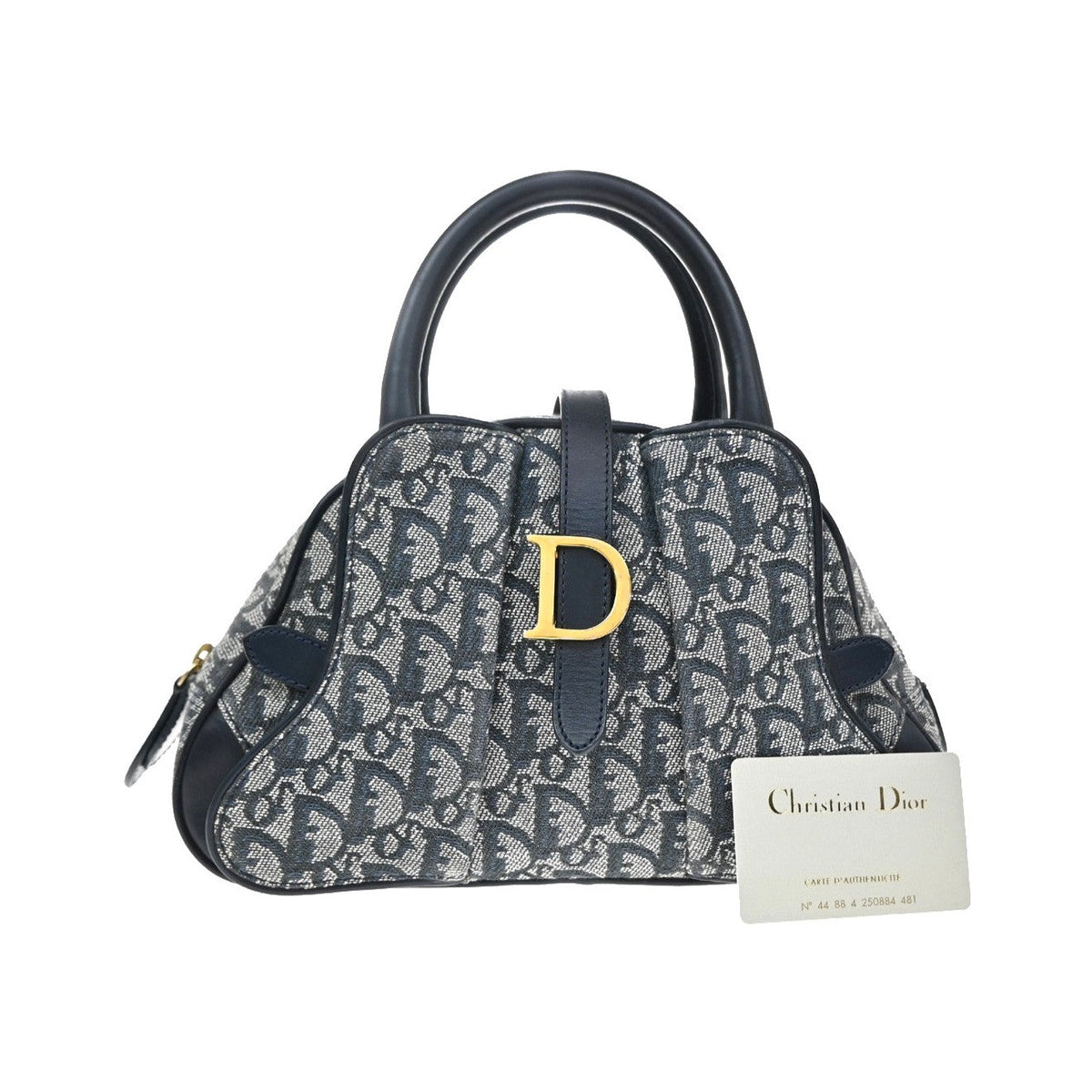 Christian Dior Vintage Saddle Bowler Diorissimo Canvas, Navy, Canvas, Handbag