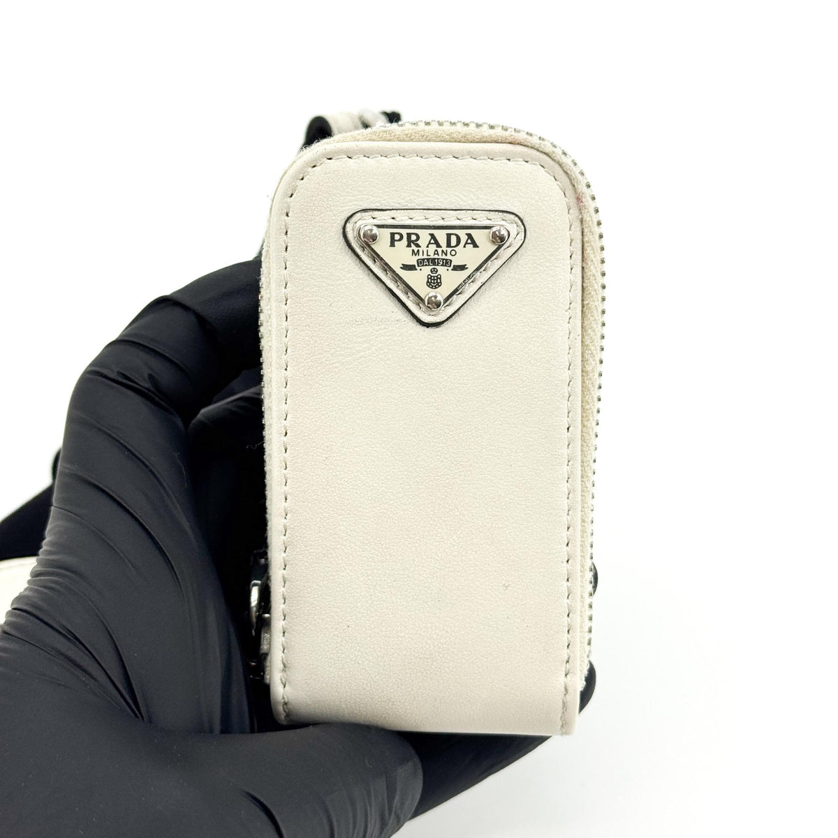 Prada Triangle Logo Zip Leather, White, Leather, Crossbody Bag