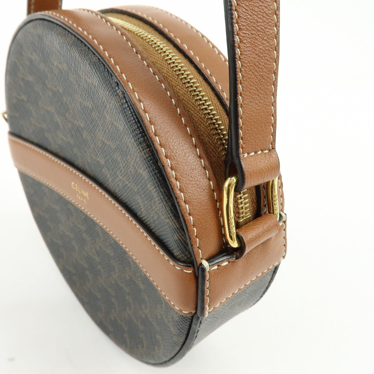 Celine Round Purse on Strap Triomphe Coated Canvas, Brown, Canvas, Crossbody Bag